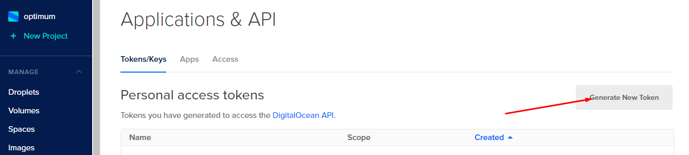 image: Digital Ocean - generate new token 