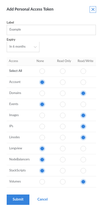 image: Create token and set permissions LInode/Akamai