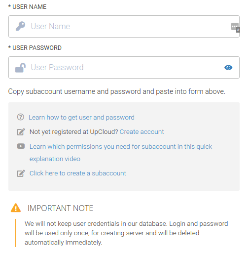 image: Fill username and password obtained from UpCloud